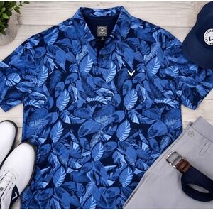 Callaway Opti-Dri Men's Medium Blue Tropical Leaf Golf Polo Performance Shirt